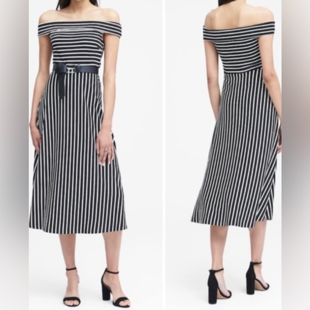 BANANA REPUBLIC “Off The Shoulder” Striped Midi Dress